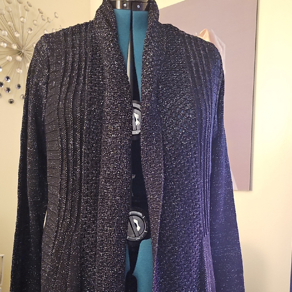 Black Knit Cardigan With Silver Interwind In